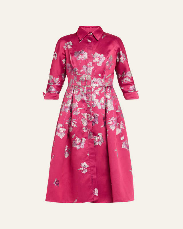 Pleated Metallic Jacquard Midi Shirtdress